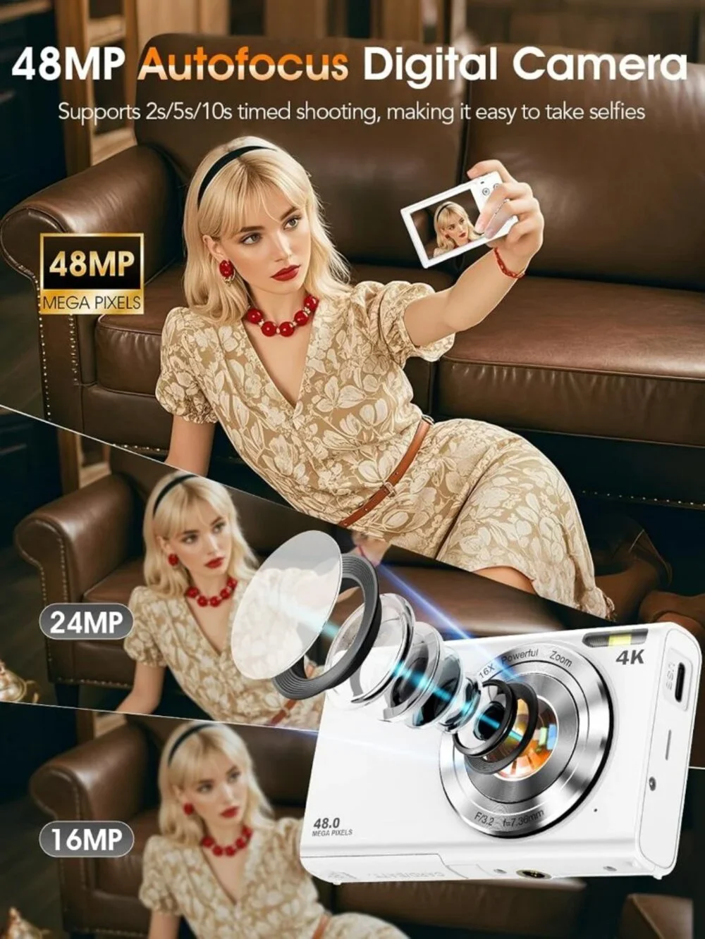 4K 48MP Autofocus Digital Vlogging Camera with 32GB Card for Photography